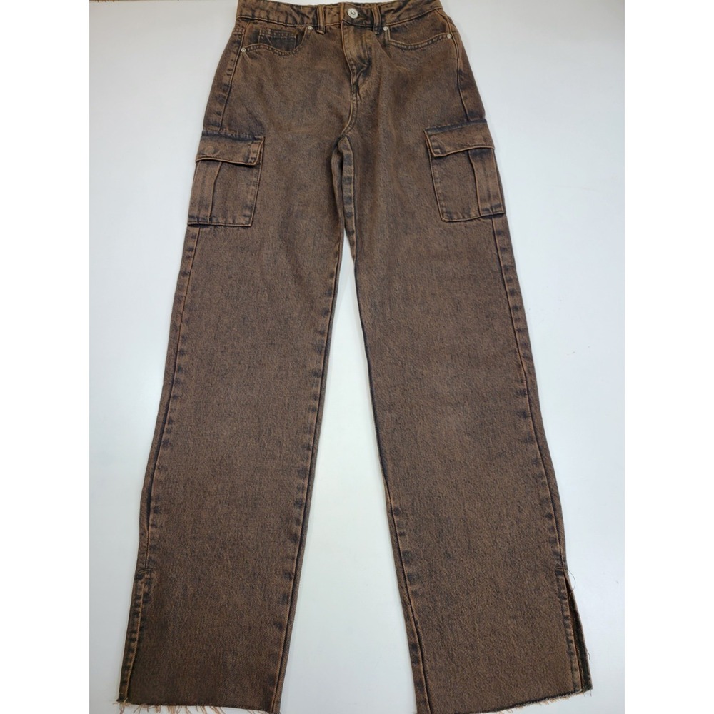 Boohoo Womens Cargo Jeans Size 6 Brown Acid Wash Wide Leg High Rise Y2K Raw Hem